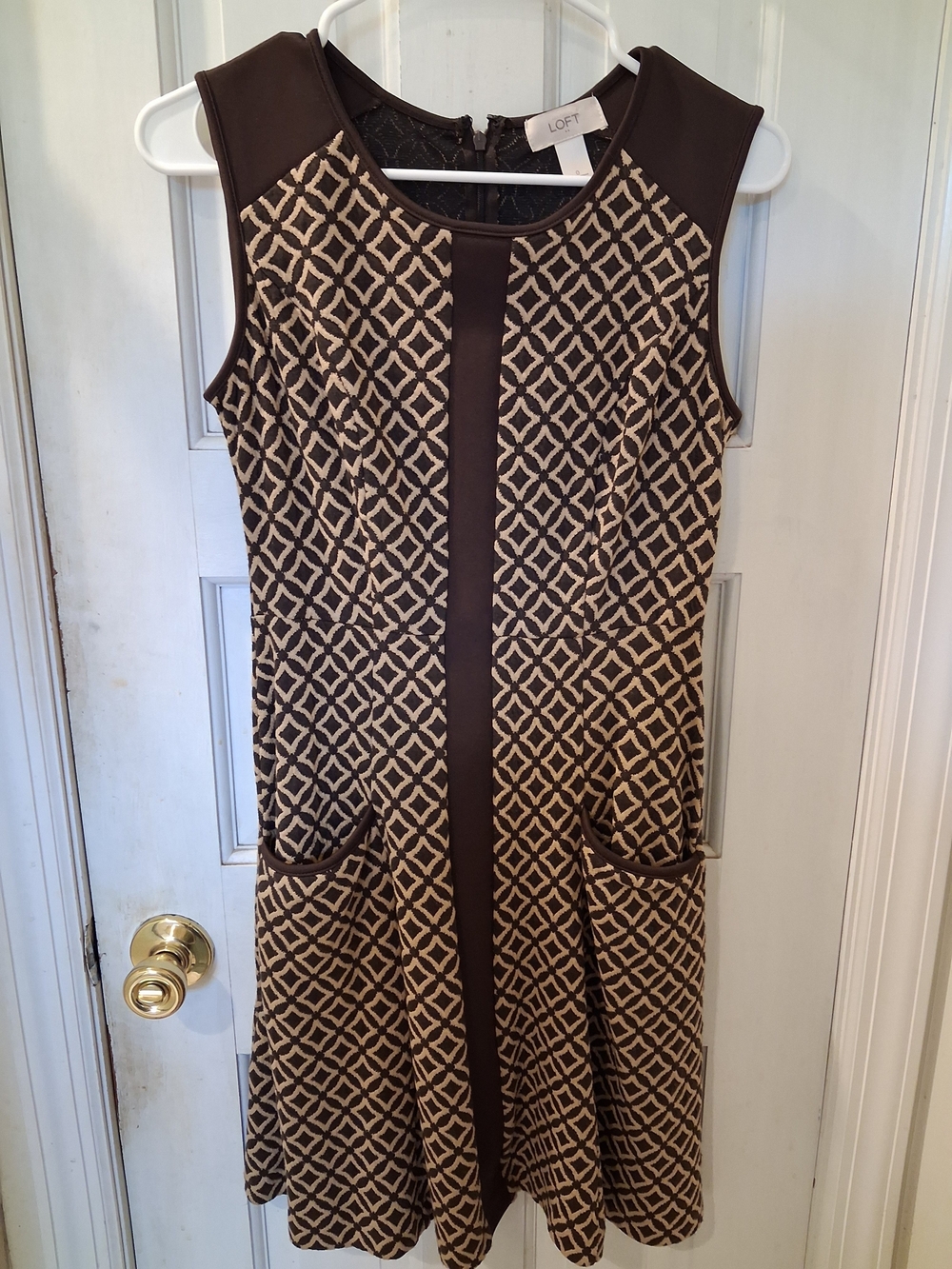 LOFT Brown & Cream Geometric Sleeveless A-Line Dress